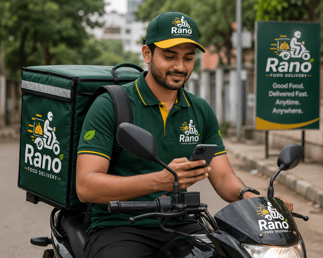 A Rano delivery partner on his bike, checking the next order on his phone